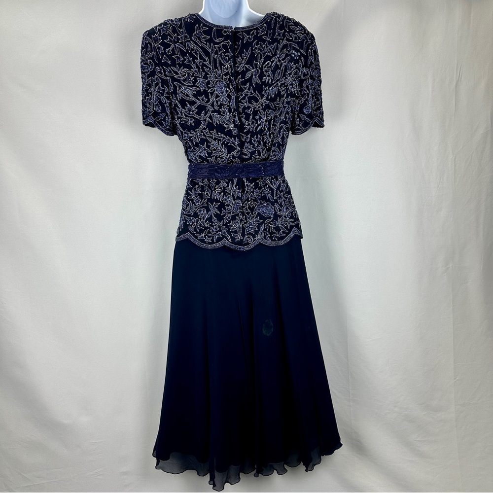 Papell Boutique Silk Beaded Dress Navy Blue Size 8 - Picture 9 of 9